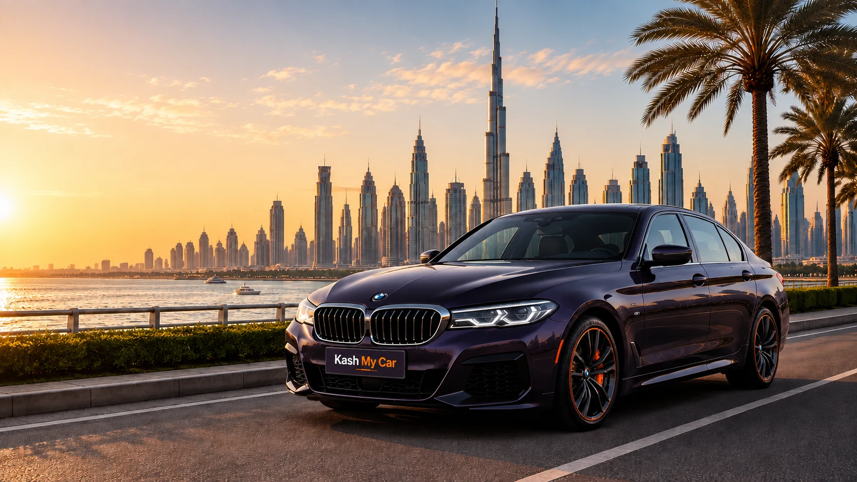 Kash My Car branded sedan beside the Dubai waterfront skyline at sunset