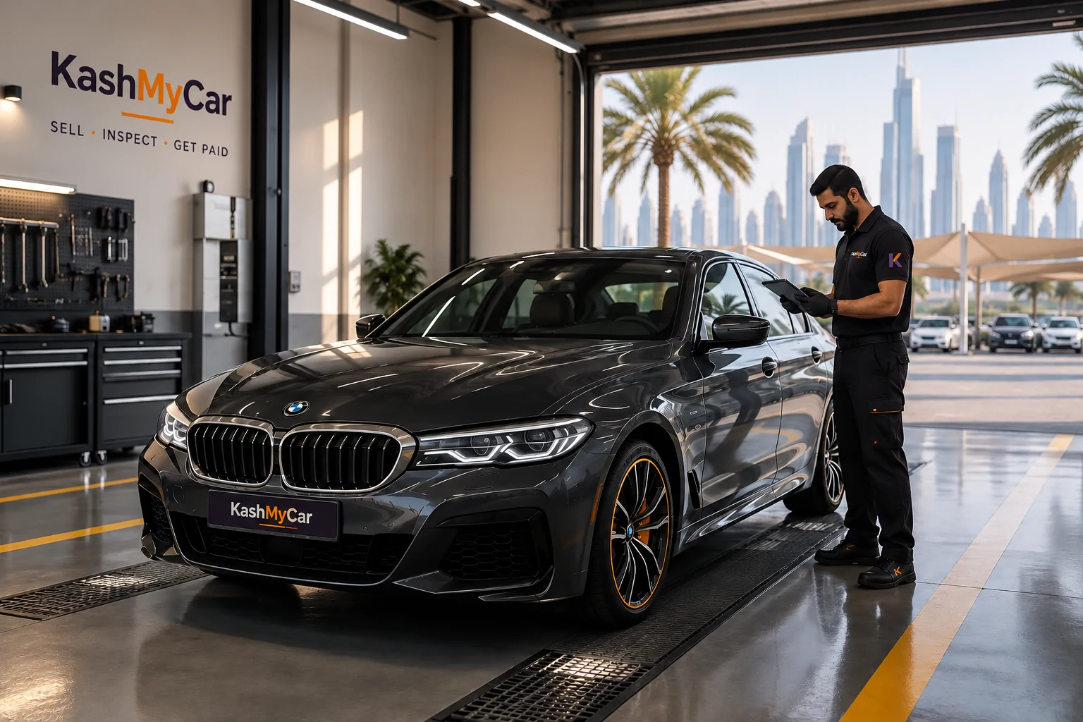 Kash My Car technician inspecting a sedan at the Dubai inspection centre